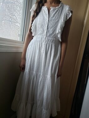 White Eyelet Ruffle Maxi Dress - Feminine Button-Front Style